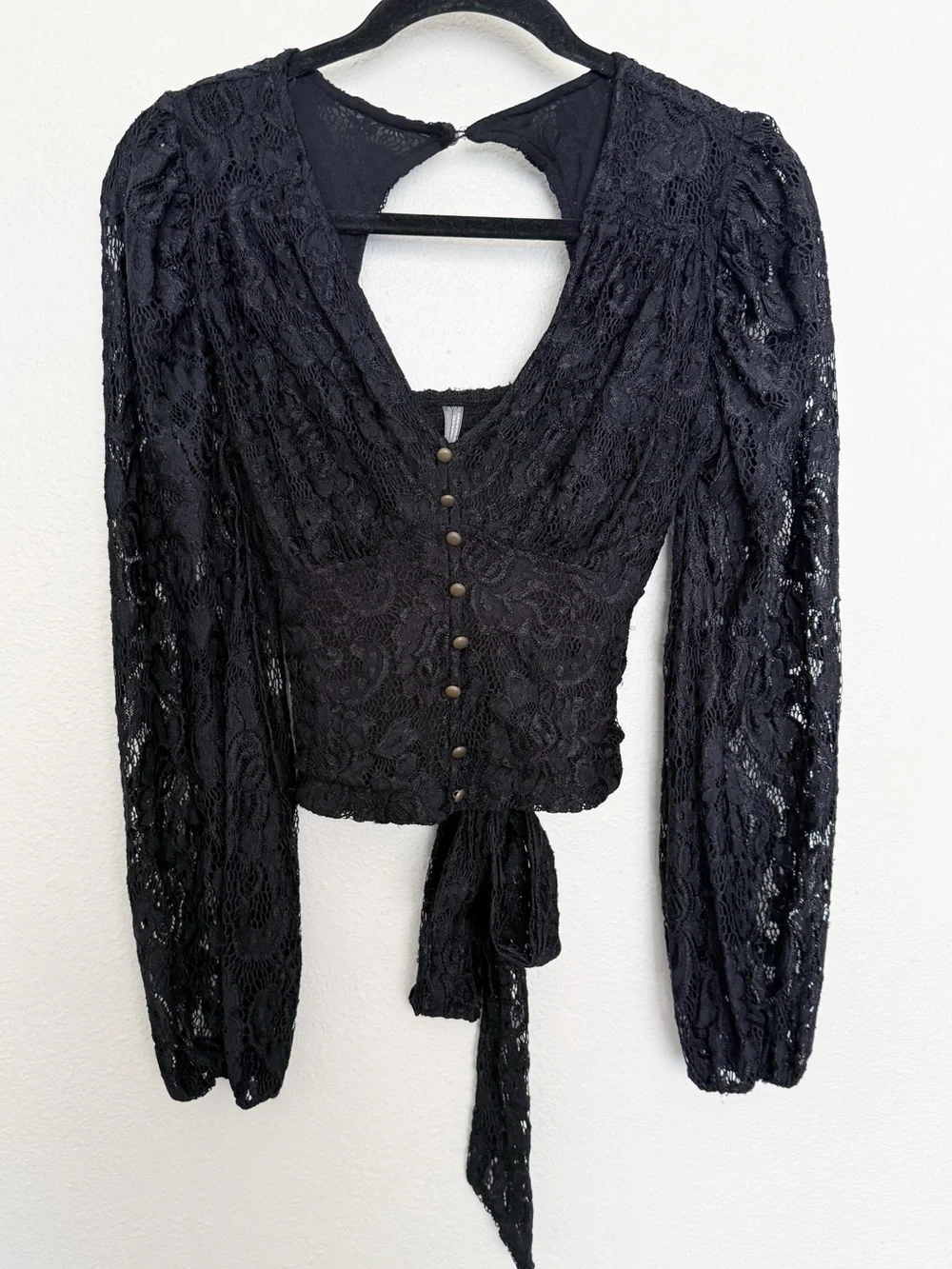By Anthropologie Balloon-Sleeve Black Lace Tie Waist Blouse Size XS
